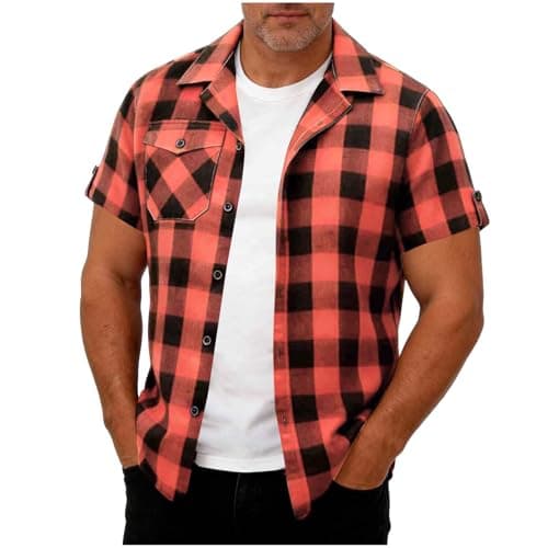 Image of Gubsssl Flannel Shirt Men Short Sleeve Checked Shirts Plaid Top Button Down Shirt Summer Top with Pocket Western Inspired Clothes Regular Fit Workwear Streetwear Casual Wear Fashion Clothing Orange L