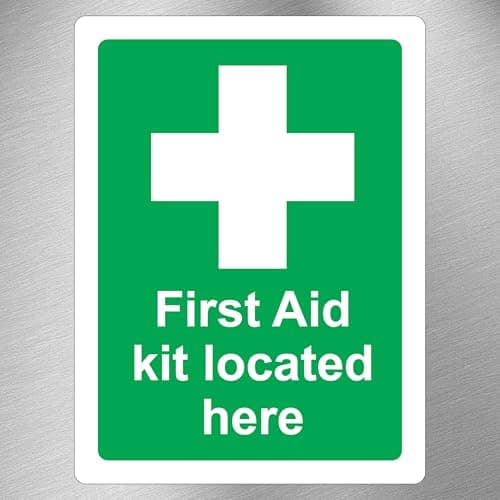 Image of Pack of 3 First Aid Sign 200mm x 150mm. First Aid Kit Located Here Durable Self-Adhesive Sticker Signs for Indicating Kit Locations Perfect for Emergency