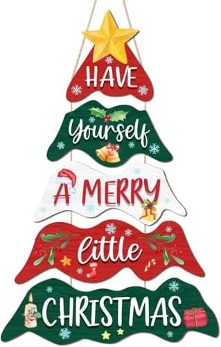 Image of HPNIUB Have Yourself a Merry Little Christmas Hanging Signs Colorful Merry Christmas Tree Wood Decorations Xmas Tree Wall Hanger Decor Winter Wreath Porch Sign for Home Indoor Outdoor