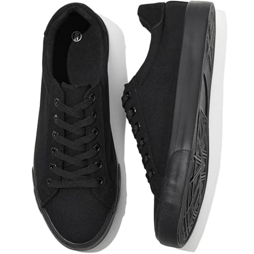 Image of Rominz Mens White Canvas Shoes Fashion Low Top Canvas Sneakers Casual Tennis Shoes Lace-Up Walking Shoes for Men, All Black, 6 UK