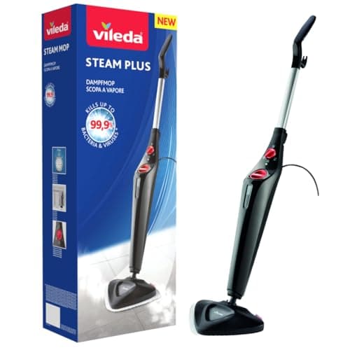 Image of Vileda Steam Mop Steam PLUS, Black Steam Cleaner for all floors, Kills and Removes Viruses, Germs and Bacteria up to 99.9%, 3 Steam Settings, 400ml Water Tank, Heats in 15 seconds, Reaches in Corners