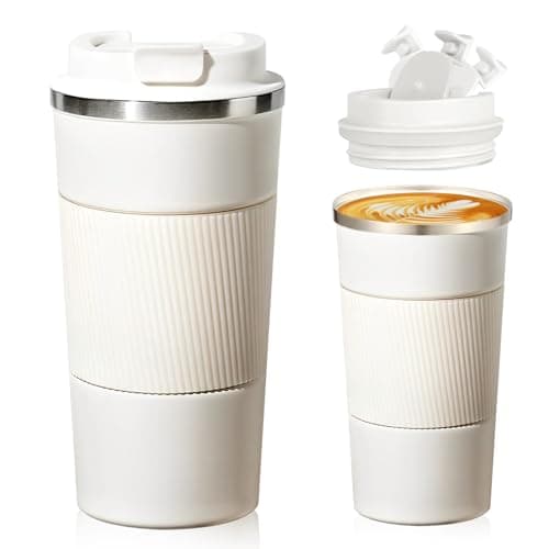 Image of Senshuomy Travel Mug, Insulated Coffee Cup with Leakproof Lid, Reusable Coffee Cups Travel Cup, Stainless Steel thermaol Mug for Hot Cold Drinks (White/510ml)