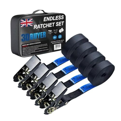 Image of 4 Pack Heavy Duty Ratchet Tie Down Straps 6m x 25mm, 800kg Break Strength, Endless Cargo Lashing Straps with Coated Grip Handles & Carry Bag Ideal for Motorcycle, Trailer, Van & Moving