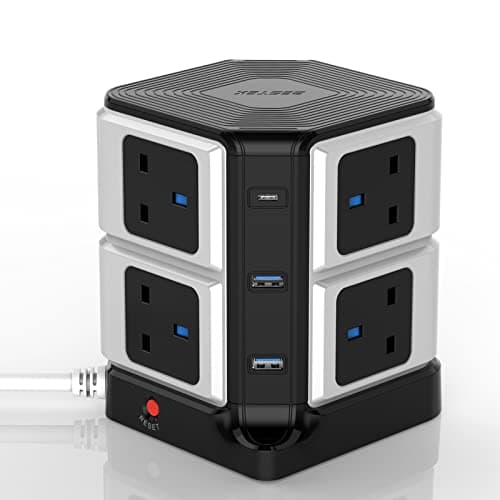 Image of [New Version]BESTEK USB C PD 20W 8 Way 4000J Surge Protection Power Tower Extension Lead Cord, 8 Gang Power Strip Socket Plug with Type-C Slots & 2 USB Ports, 1.8m/3250W (Black)