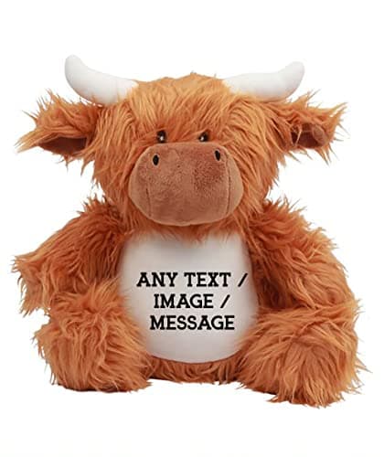 Image of Personalised with your Own Text/Image/Message themed Soft Toy for Boy or Girl, New Baby Newborn Highland Cow Teddy Birthday gift.