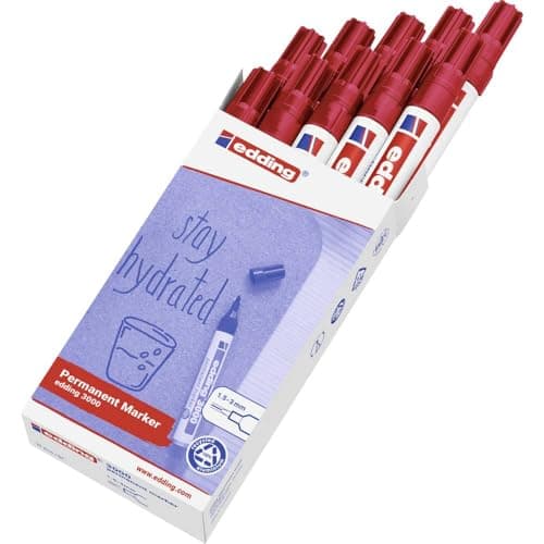Image of edding 3000 permanent marker - red - box of 10 - round tip 1.5-3 mm - quick-drying permanent markers - waterproof, smudge-proof - for cardboard, plastic, wood, metal, fabric - marker pens