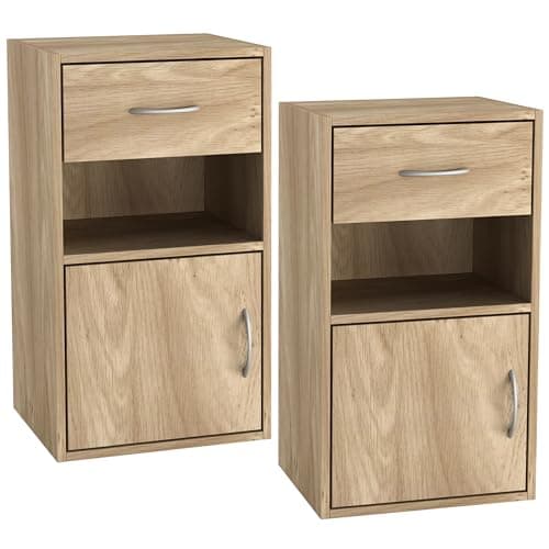 Image of URBNLIVING Set Of 2 Wooden Bedroom Bedside Cabinet Nightstand Side Table w/1 Door 1 Drawer (Oak)