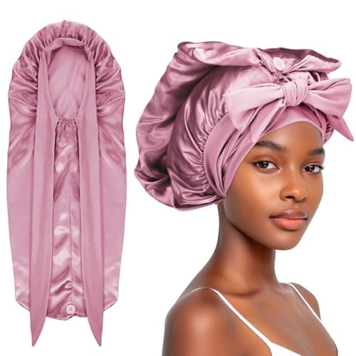 Image of Abeillo Long Satin Bonnet for Women Sleeping, Silk Bonnet Large Hair Cap Silk Bonnets with Tie Band for Braids Curly Hair (Rose Pink)