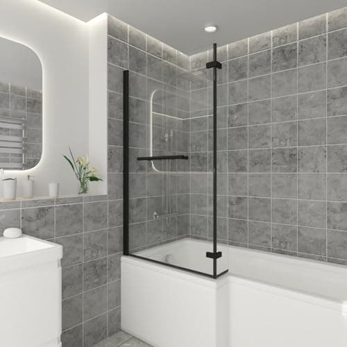 Image of NRG 810 x 1400mm L Shaped Bath Screen with Hinged Return and Towel Rail Black Framed Safety Glass