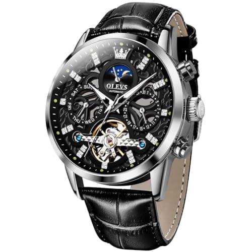 Image of OLEVS Men Skeleton Watch Automatic Designer Luxury Mechanical Wrist Watches Brown Leather Dress Casual Moon Phase Luminous Waterproof