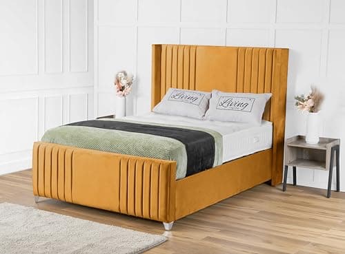 Image of Living Comfort Bedz - Elisa Wingback Bed With Vertical Lined Headboard and Gas Lift Storage Base - Plush Velvet Upholstery (Mustard, Super King)