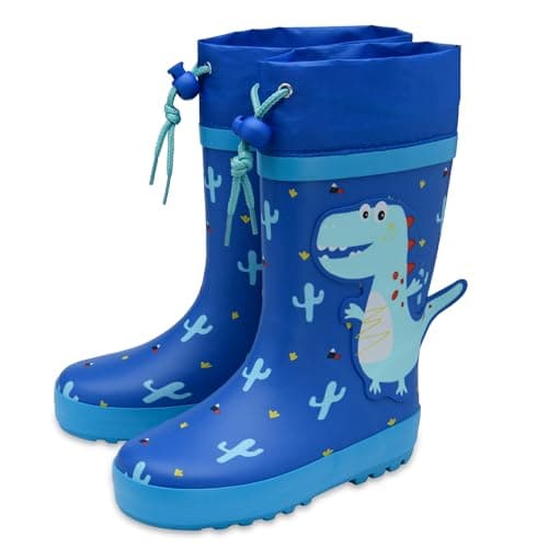 Image of NorthSole Kids Wellies Drawstring Closure Rubber Wellington Boots - Dinosaur Dark Blue - UK 10