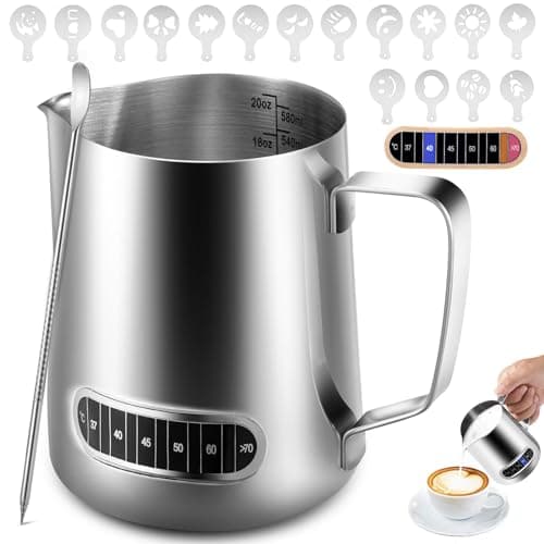 Image of Anpro Milk Frothing Pitcher, 600 ml/20 oz 304 Stainless Steel Milk Pitcher with Thermometer,Latte Decorating Art Pen and 16 Pcs Coffee Stencils,Metal Barista Accessories for Coffee,Latte & Cappuccino