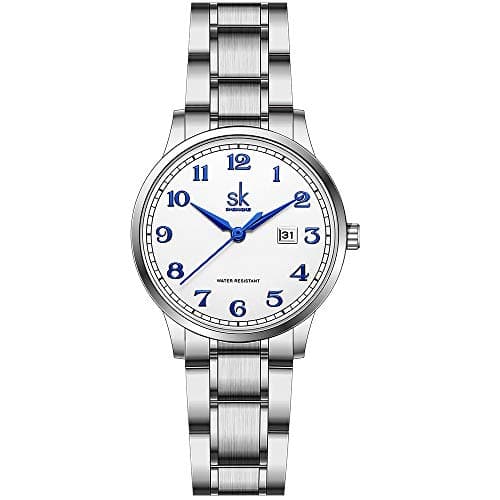 Image of SHENGKE SK Classic Business Women Watches with Stainless Steel Band and Genuine Leather Elegant Ladies Calendar Watch(Arabic Number-Silver Steel Band)