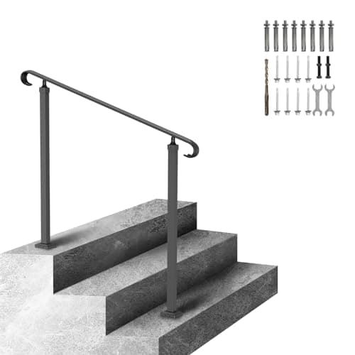 Image of VEVOR Wrought Iron Handrail, Fit 2 or 3 Steps Outdoor Stair Railing, Adjustable Front Porch Hand Rail, Black Transitional Hand railings for Concrete Steps or Wooden Stairs with Installation Kit