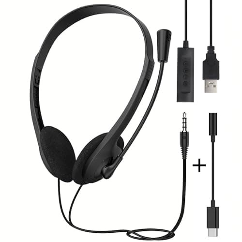 Image of USB Headset for PC Laptop Phone, 3.5mm / USB / Type-C Jack 3-In-1 Wired Headphones with Noise Cancelling Mic & Audio Controls, Adjustable Headband Headset for Call Centers, Home Office, Online Chat