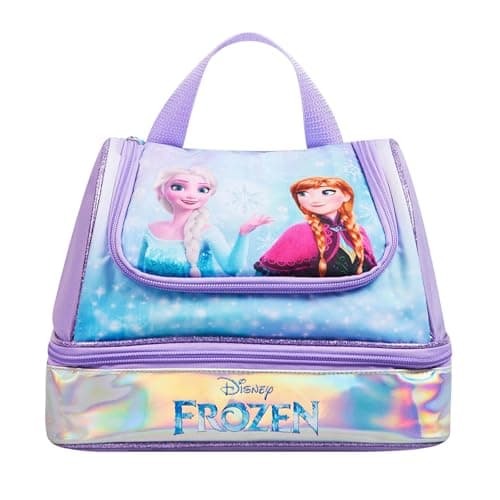 Image of Disney Frozen Girls Lunch Bag Officially Licensed Multi Zip Insulated Lunch Box with Elsa And Anna Print Holographic Base Dual Compartments Easy Carry Handle Purple School Snack Bag