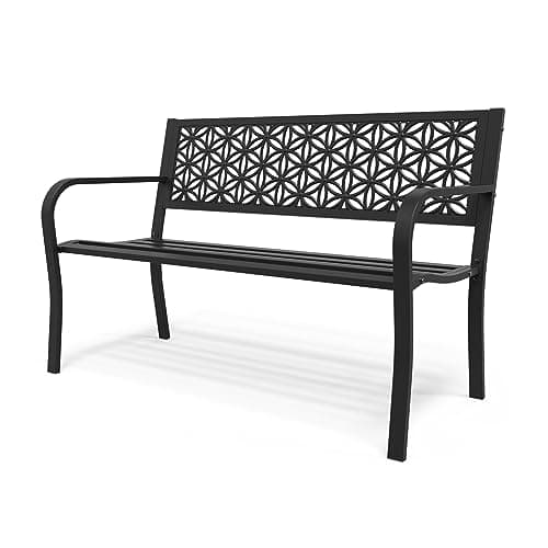 Image of Bonnlo Garden Benches for 2-3 Seaters, Outdoor Patio Bench with Floral Back, Weather Resistant Metal Garden Furniture for Backyard, Black