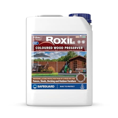 Image of Roxil Wood Stain Preserver 5 Litre (Chestnut) Fast-Drying Satin Finish for Decking, Fence, Shed, Furniture. Up to 5 Year Protection for Indoor & Outdoor