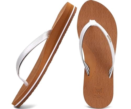Image of KuaiLu Womens Fashion Flip Flops Ladies Lightweight Summer Beach Yoga Mat Thong Sandals with Comfortable Arch Support Khaki White Size 5