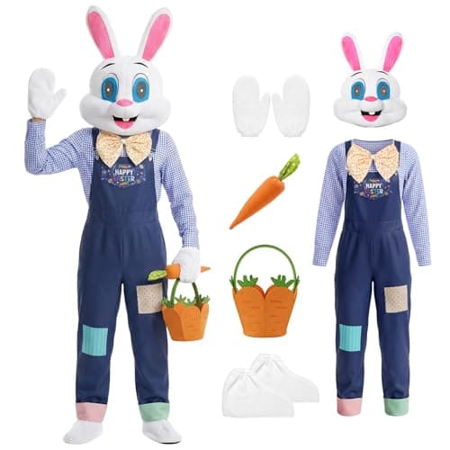 Image of Apparlxer Easter Bunny Costume Adult,Bunny Outfit Mascot Costume Easters Overalls with Shirt Rabbit Headgear Carrot Basket Bow Tie Gloves Shoe Covers,Easter Party Dress Up for Men Women (Blue, XL)