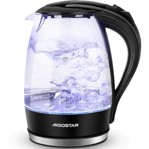 Image of Aigostar Glass Electric Kettle with Blue Illumination - 2200W Fast Boil, 1.7L Borosilicate Glass, Auto Shut-Off & Boil-Dry Protection, 304 Stainless Steel Heating Plate, Cordless 360° Base, Black-Adam