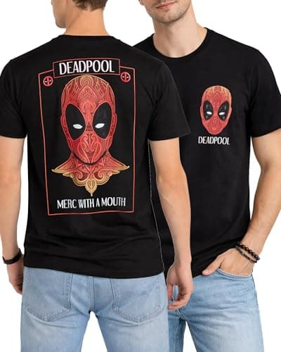 Image of Marvel Mens Graphic T-Shirts - Avengers Spiderman Captain America Short Sleeve Crewneck Graphic Tee Shirt for Men (S-XL), Deadpool Red/Black, Large
