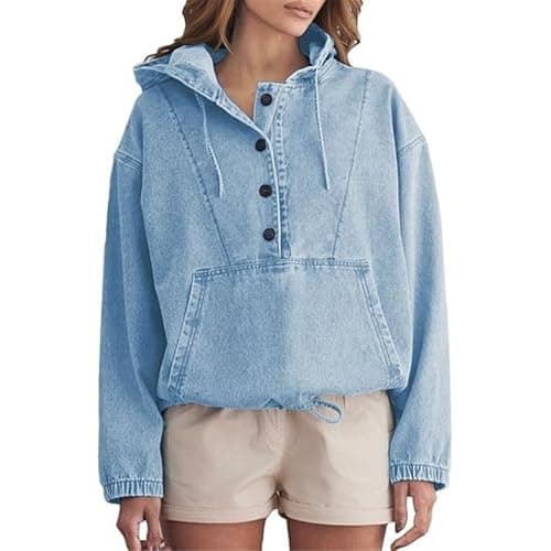 Image of Women’s Denim Hoodie Pullover Jacket Half Button Sweatshirt Top Jacket Trendy Oversized Denim Shirt Casual Jacket Light Blue Large