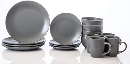 Image of HOMD 16-Pieces Stoneware Dinnerware Set, Dinner Set, Kitchen Dinnerware Ceramic Crockery Set, Dinner Service Set for 4, Include Dinner Plate, Dessert Plate, Cereal Bowl and Mug. (Gentleman Grey)
