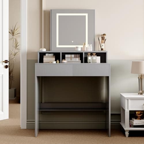 Image of mcc direct Dressing Table, Vanity Desk with Mirror, LED Lights and Drawers, Makeup Desk with Brightness Adjustable, Large Open Storage Areas for Bedroom (GREY) - TULSA