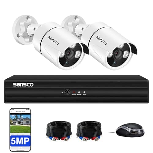 Image of SANSCO 5MP 4 Channel Wired CCTV Security Camera System, 4CH DVR, 2x 3K Home Outdoor Surveillance Cameras, Color Night Vision, Audio Recording, Human Face Vehicle Detection, P2P, No Hard Drive