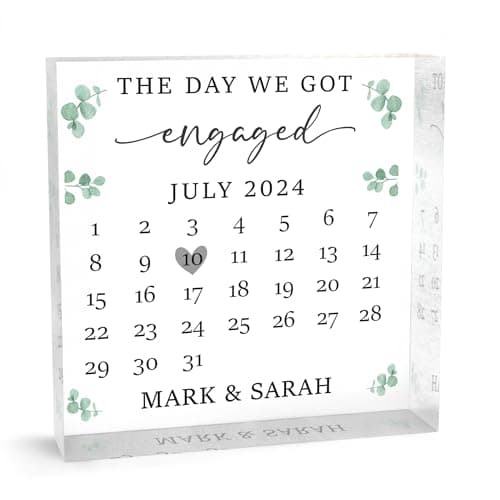 Image of Beecreative Personalised Engagement Presents For Him Her - Clear Acrylic Keepsake Ornament - Custom Newly Engaged Couple Gifts - Eucalyptus Greenery Design With Grey Bag