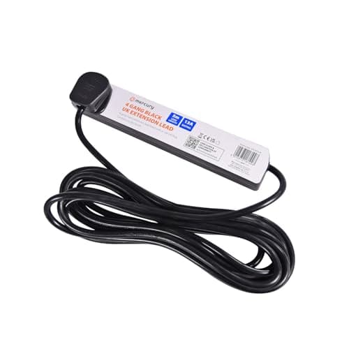 Image of Mercury 4 Gang Extension Lead 5.0 Metre Black UK 13 Amp Rated 4 Socket Extension Lead, 4 Way Power Strip, Wall Mountable Cable Extension for Home or Office use, full Copper Conductor