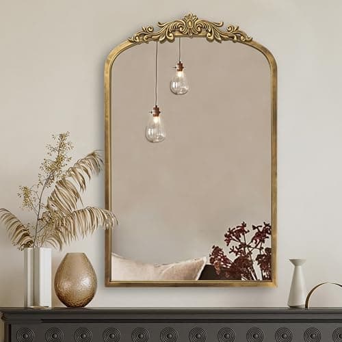 Image of PERFNIQUE Gold Vintage Mirror, 76 x 48 cm Arched Antique Baroque Mirror for Wall, Brass Traditional Ornate Wall Decor for Bathroom Living Room Fireplace Entryway Hallway (76 x 48 cm)