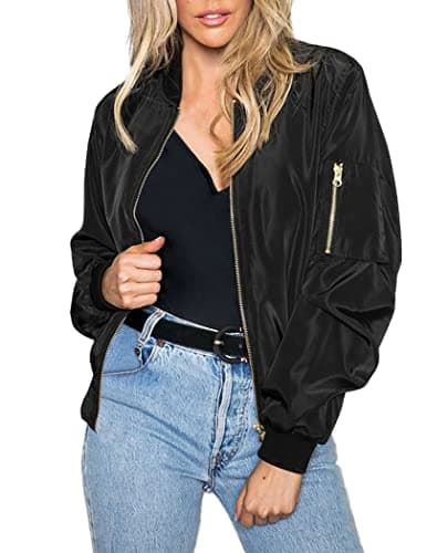 Image of Zeagoo Women's Bomber Jacket Casual Coat Zip Up Outerwear Windbreaker with Pockets S-XXL, Satin-black, XL