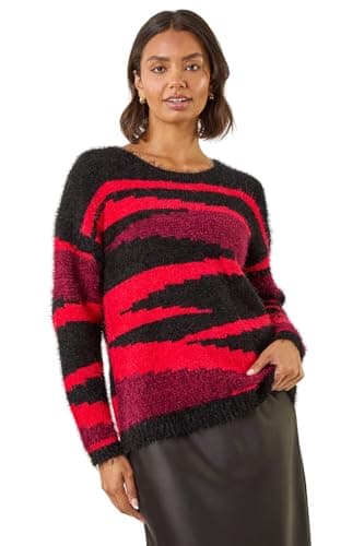 Image of Roman Fluffy Yarn Jumper for Women UK Ladies Thick Sweater Warm Cosy Chunky Knitted Pullover Winter Furry Casual Smart Textured Everyday Cuddly Soft Knitwear - Noir Red - Size 14