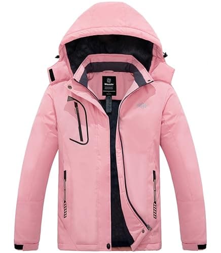 Image of Wantdo Women's Warm Ski Jacket with Fleece Waterproof Snowboarding Jacket Hooded Mountain Coat Windproof Raincoat Coral Pink M