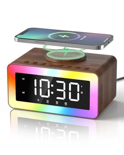 Image of Alarm Clock with Wireless Charging, Bluetooth Speaker, White/Brown Noise Sound Machine Night Light, Wooden Digital Alarm Clocks for Bedrooms, Wireless Charger for iPhone, Birthday Gifts for Men Women