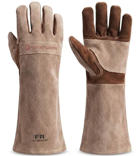 Image of AOUCHI Leather Welding BBQ Fire Gloves, Fireproof Heat-Resistant Long Sleeve Mitts for TIG/MIG, Log Wood Burners, Firefighting, Barbecue, Fireplace, Oven, Stove, Grill, Animal Handling (Large)