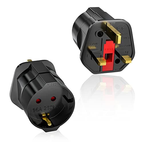 Image of European to UK Plug Adaptor 2 Packs, EU to UK Plug Adapter with 13A Fuse, HITRENDS Plug Adapter 2 Pin to 3 Pin 3250W Max Travel Adaptor Euro to UK for France, Italy, Spain, Germany Euro to UK, Black