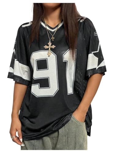 Image of GORGLITTER Women's Number Graphic Jersey T Shirts Star V Neck Half Sleeve Loose Streetwear Tops Black X-Small