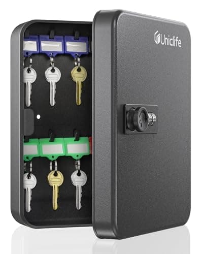 Image of Uniclife 20 Position Key Cabinet with Combination Lock Resettable Black Digital Security Storage Box Steel Key Organizer with Colorful Key Tag Labels Stickers and Hooks