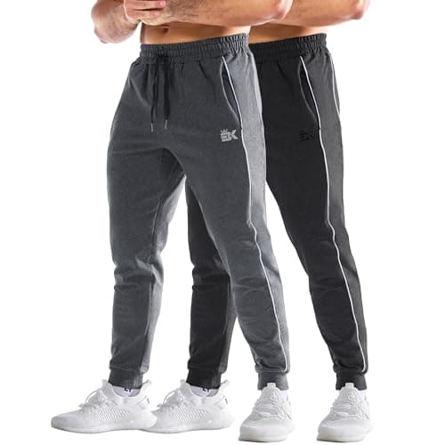 Image of Gesaofa 2 Packs Mens Tidy Gym Trousers,Tapered Jogger Pants Sports Tracksuit Bottoms Running Jogging with Zip Pockets (M,Black/Dark Grey)