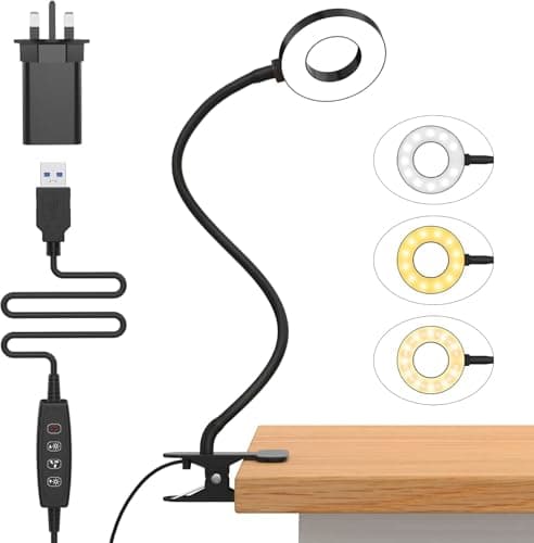 Image of iZELL LED Desk Lamp with USB Adapter【3 Color Modes 10 Brightness】 Eye Caring Clip on Clamp Light, 40cm Flexible Arm Book Ring Light for Gaming/Video Conference/Reading, Clip on Table, Headboard