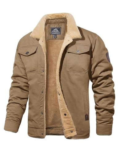 Image of MAGCOMSEN Winter Coat Men Fleece Lined Military Tactical Jacket Trucker Casual Coats Working Fleece Lined Windproof Jackets,Khaki,3XL