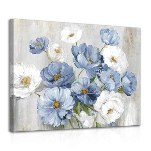 Image of Dazzlewall Framed Blue White Floral Wall Art, Watercolour Flower Canvas Picture for Bathroom Bedroom Living Room Decor 12x16 in