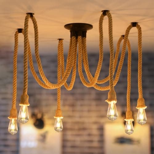 Image of ANWIO 6 Heads Spider Light Chandelier,Pendant Lighting Ceiling,DIY Spider Rope Ceiling Lights,Bedroom Light Shades,Industrial Hanging Ceiling Lights,Hanging Light Fitting,Loft Lighting(1PCS)
