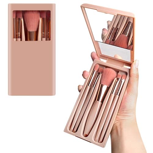 Image of Travel Makeup Brush Set, 5 PCS Mini Brushes with Mirror, Portable (Brown)