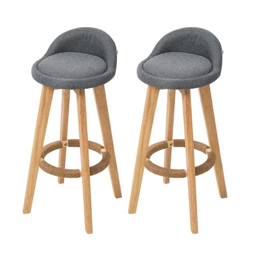 Image of Warmiehomy High Breakfast Bar Stools Set of 2 Kitchen Island Bar Stools with Solid Wood Legs Modern Linen Fabric Barstools Set of 2 for Kitchen Counter, Dining Room, Pub, Bistro, Cafe, Grey