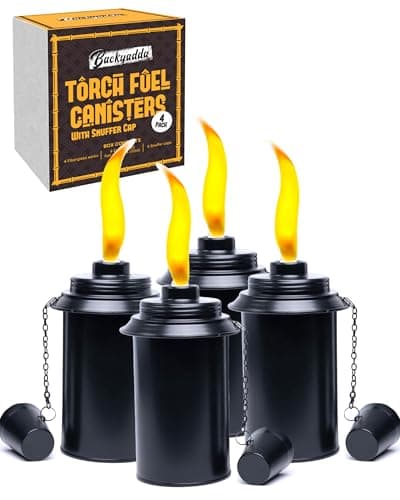 Image of Backyadda Torch Replacement Canisters (12 oz). Compatible with Tiki Torches. Easy Fill Opening. 4-Pack Standard Metal (With Caps)